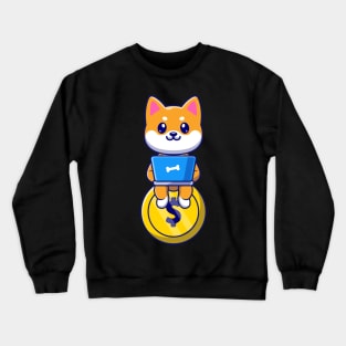 Cute Shiba Inu Dog Sitting On Gold Coin And Operating  Laptop Cartoon Crewneck Sweatshirt